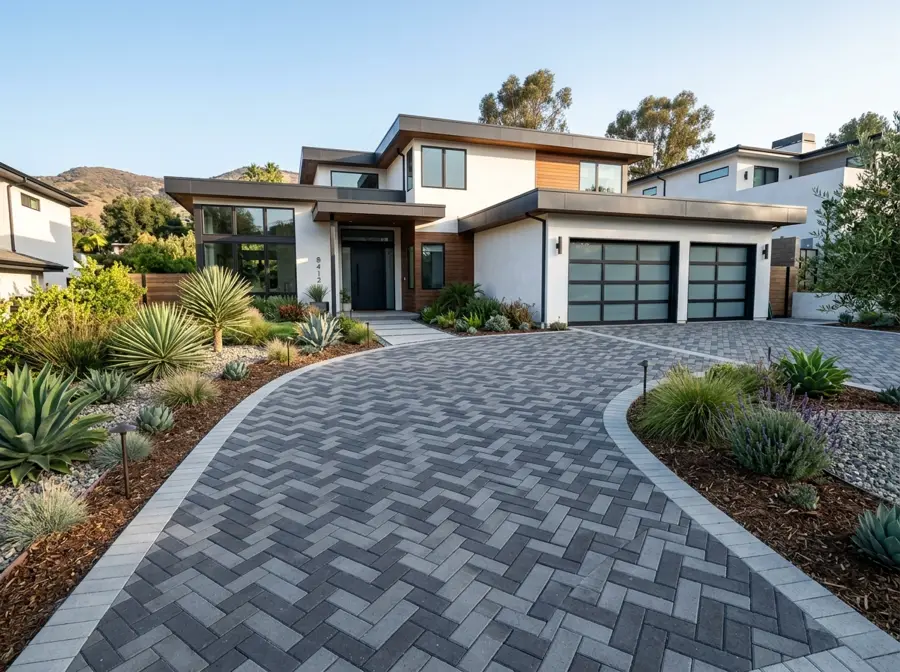Charcoal paver driveway with contrasting border