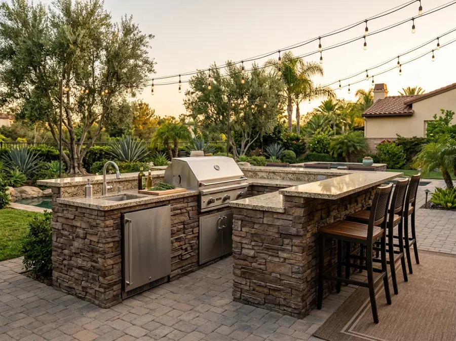 Stone BBQ island with built-in grill and fridge